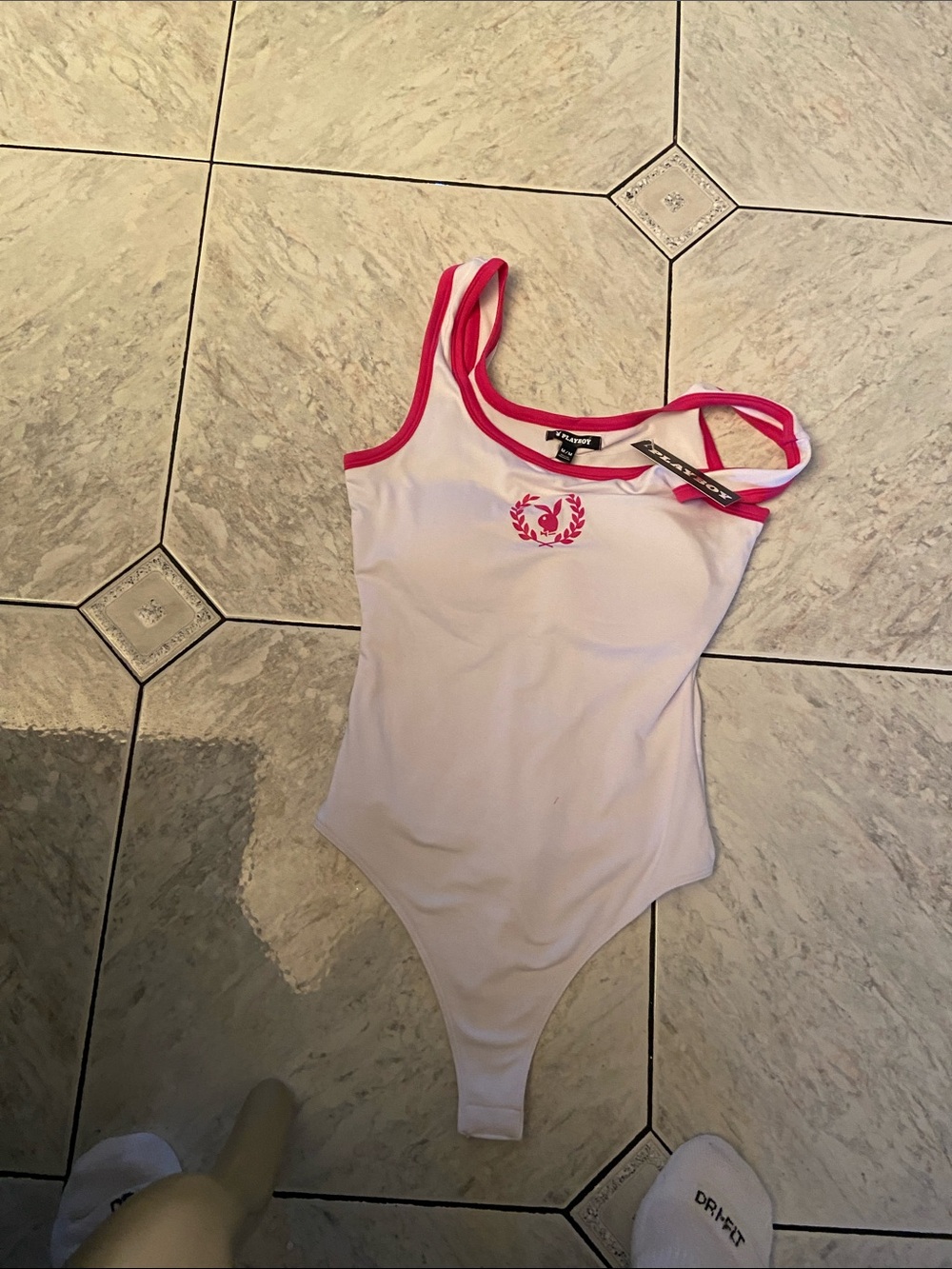 PLAYBOY White and Pink Logo Tank Bodysuit